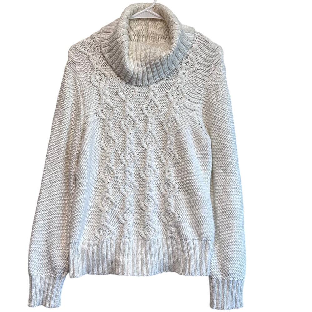 LOFT Women's Cable Knit Sweater Mock Neck White Silver Specs Fisherman Sz L